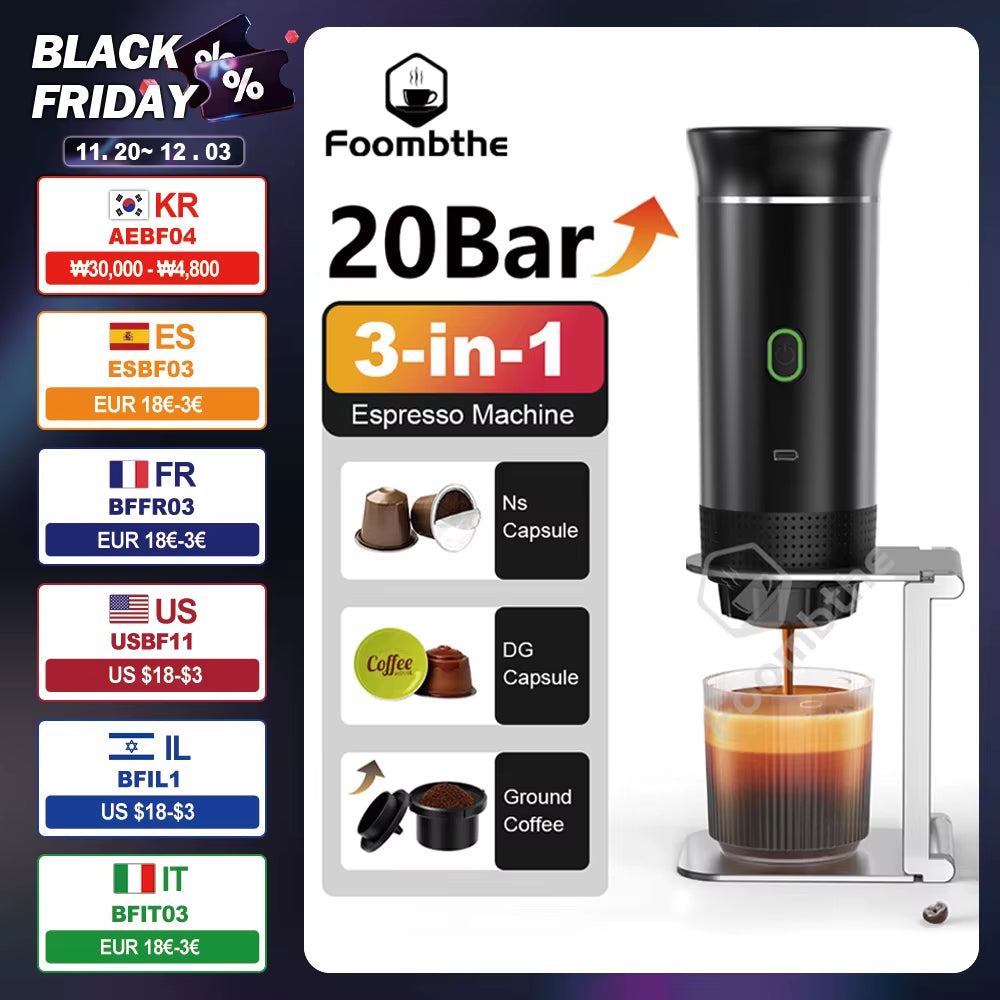 Wireless Electric Portable Espresso Coffee Machine for Car & Home Camping Coffee Maker 3-In-1 Capsule Powder Travel Coffee Maker